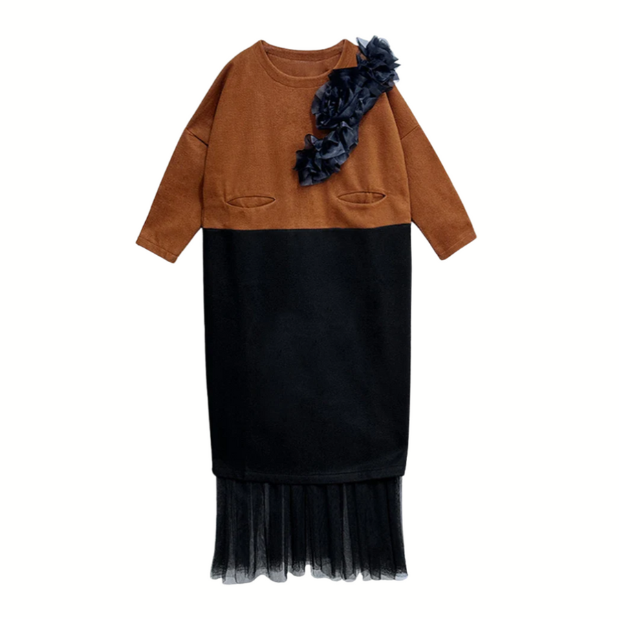 Black Brown Colo-block Ruffles Pullover Dress