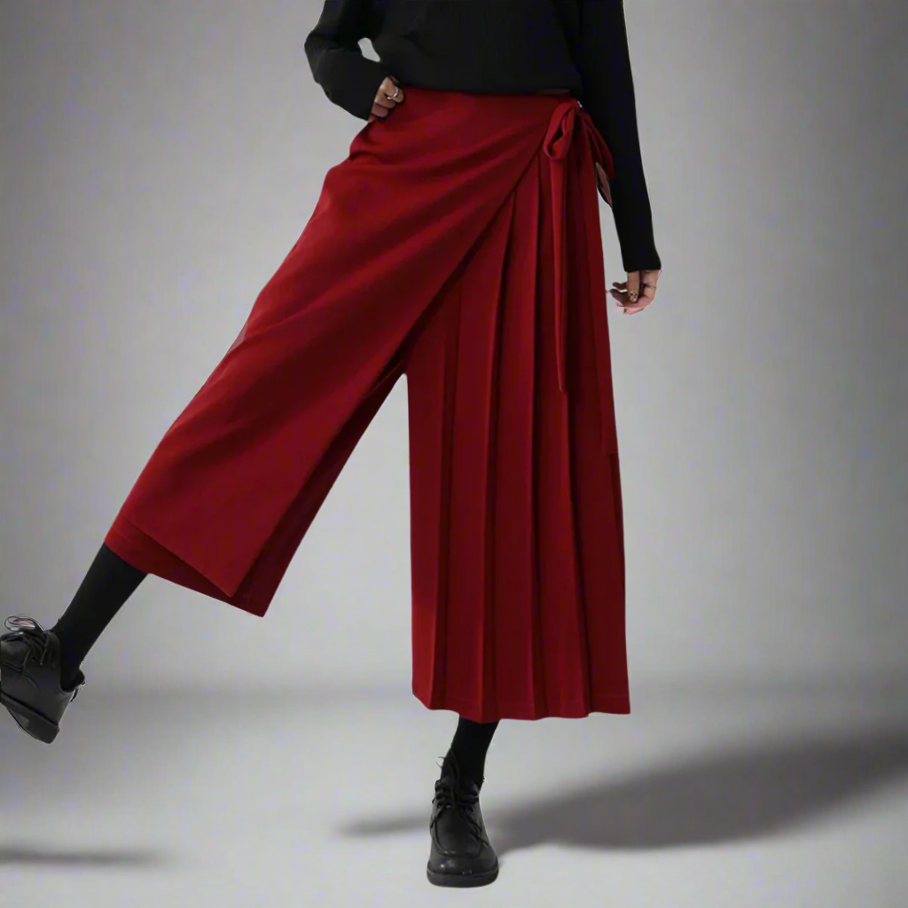 Red Pleated Bandage Elegant Wide Leg Pants