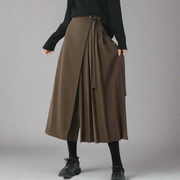 Asymmetrical Skirt-Pant Hybrid with Pleated Overlay - Coffee Brown-SimpleModerne