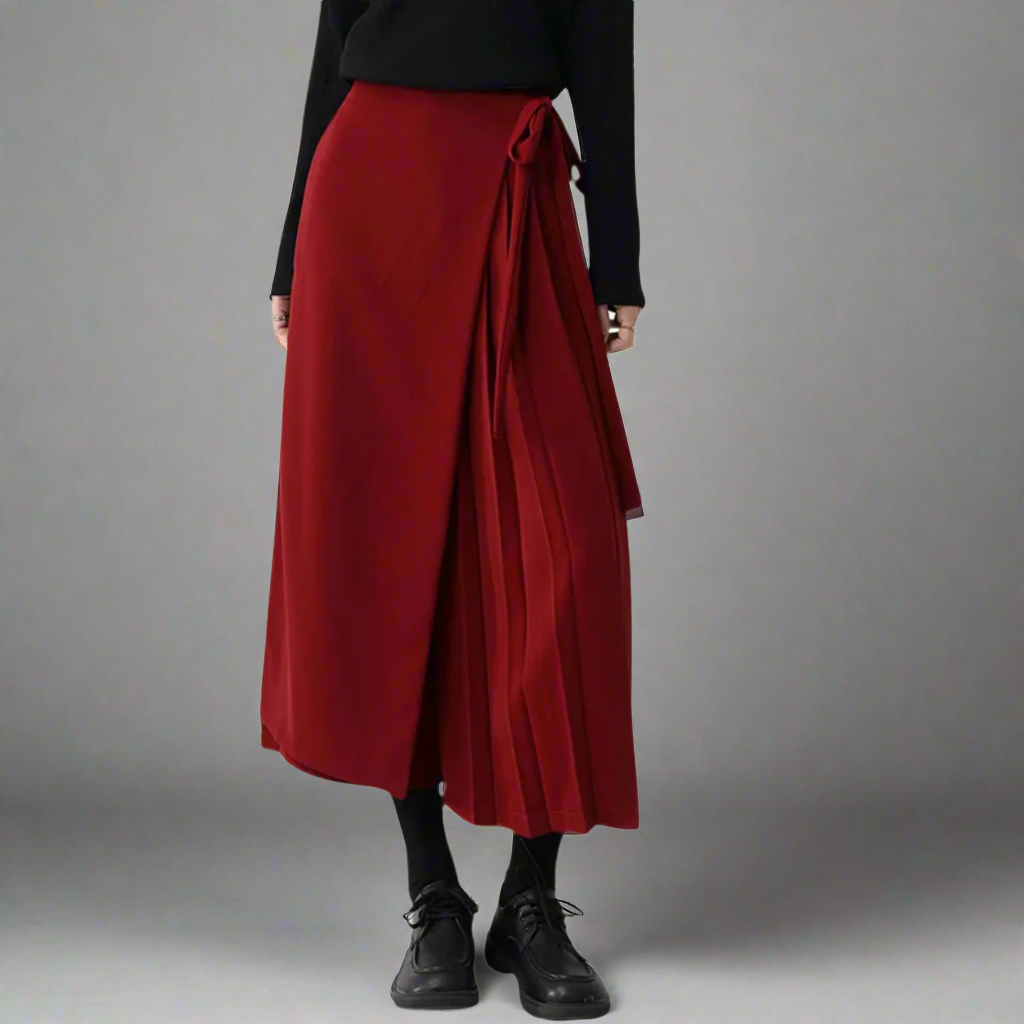 Red Pleated Bandage Elegant Wide Leg Pants