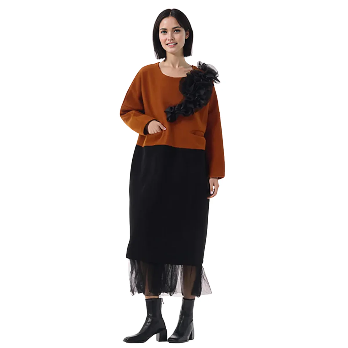 Black Brown Colo-block Ruffles Pullover Dress-SimpleModerne