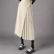 Apricot Beige Skirt-Pant Hybrid with Pleated Overlay – Sophisticated and Unique Mid-Calf Design-SimpleModerne