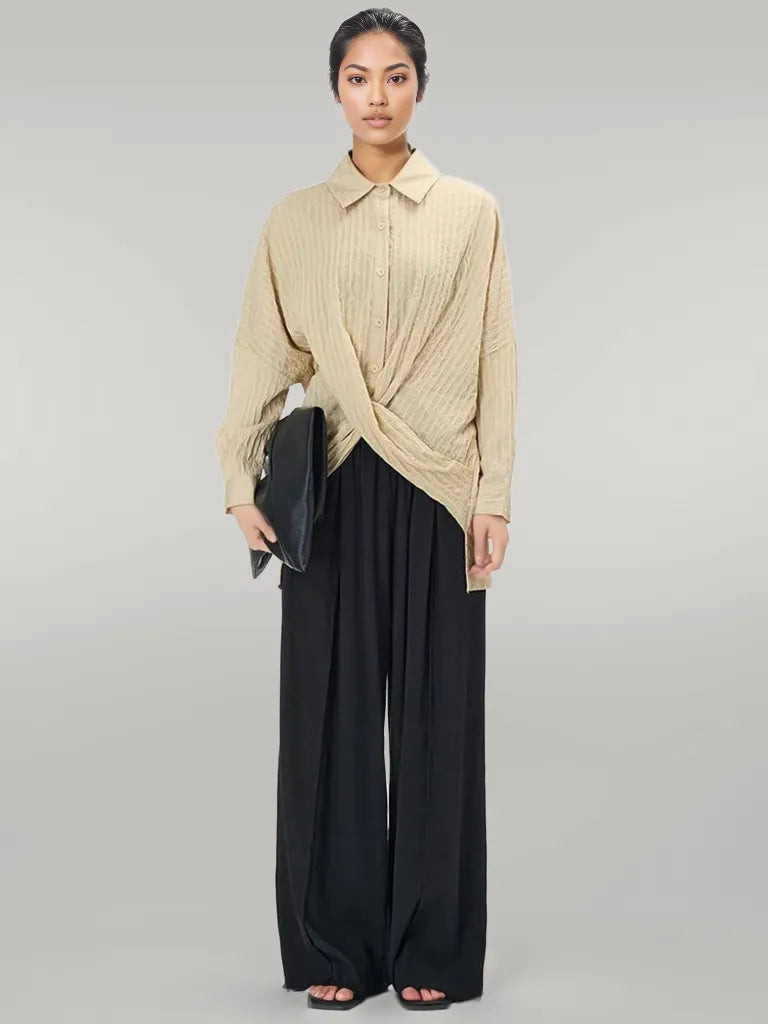 Elegant Beige Shirt Blouse with Button Closure and Draped Design - Oversized Fit-SimpleModerne