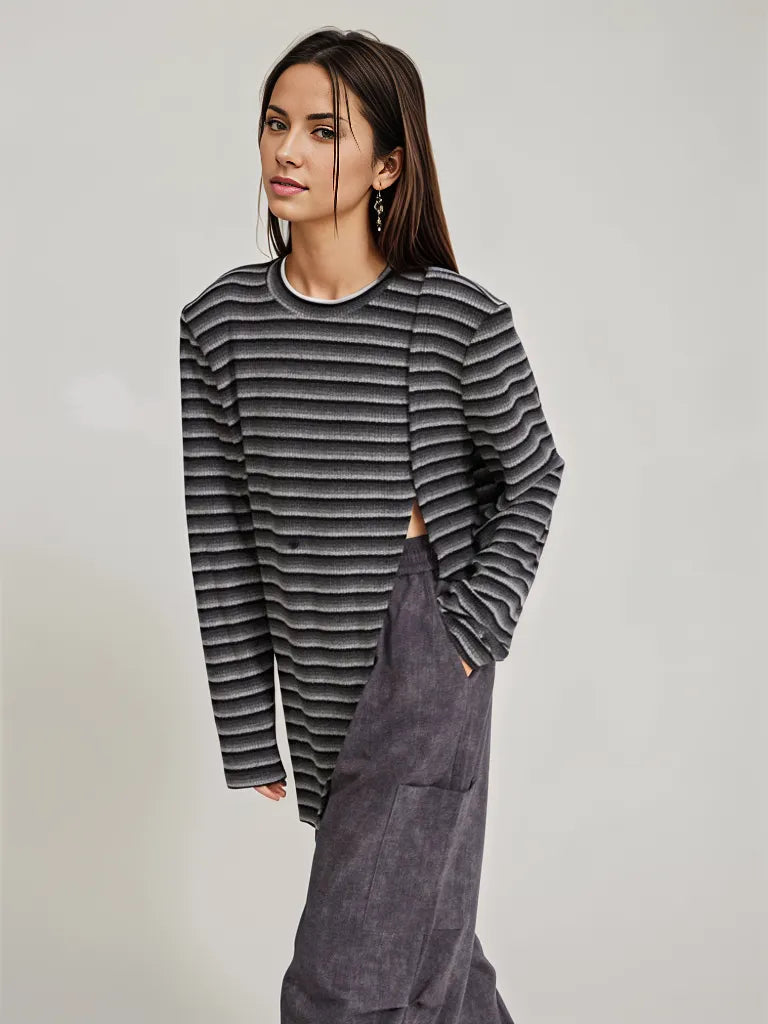 Adjustable Stripe Pattern Pullover with Front Cut-Out - Available in Gray and Red-SimpleModerne