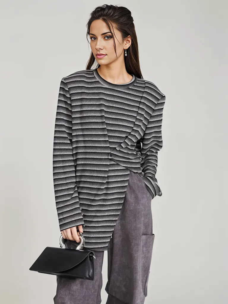 Adjustable Stripe Pattern Pullover with Front Cut-Out - Available in Gray and Red-SimpleModerne