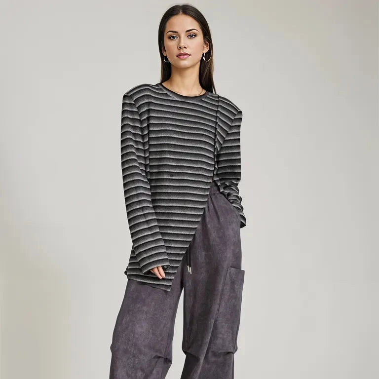 Adjustable Stripe Pattern Pullover with Front Cut-Out - Available in Gray and Red-SimpleModerne