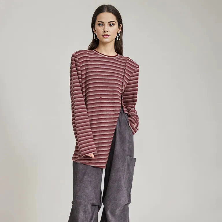 Adjustable Stripe Pattern Pullover with Front Cut-Out - Available in Gray and Red-SimpleModerne