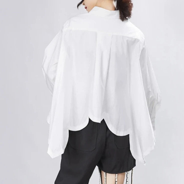 Asymmetrical Hem White Blouse with Unique Cut-SimpleModerne