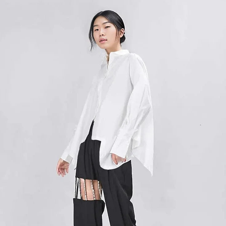 Asymmetrical Hem White Blouse with Unique Cut-SimpleModerne