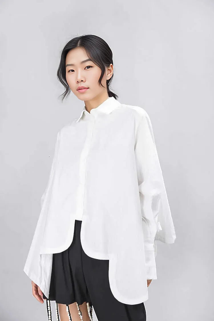 Asymmetrical Hem White Blouse with Unique Cut-SimpleModerne