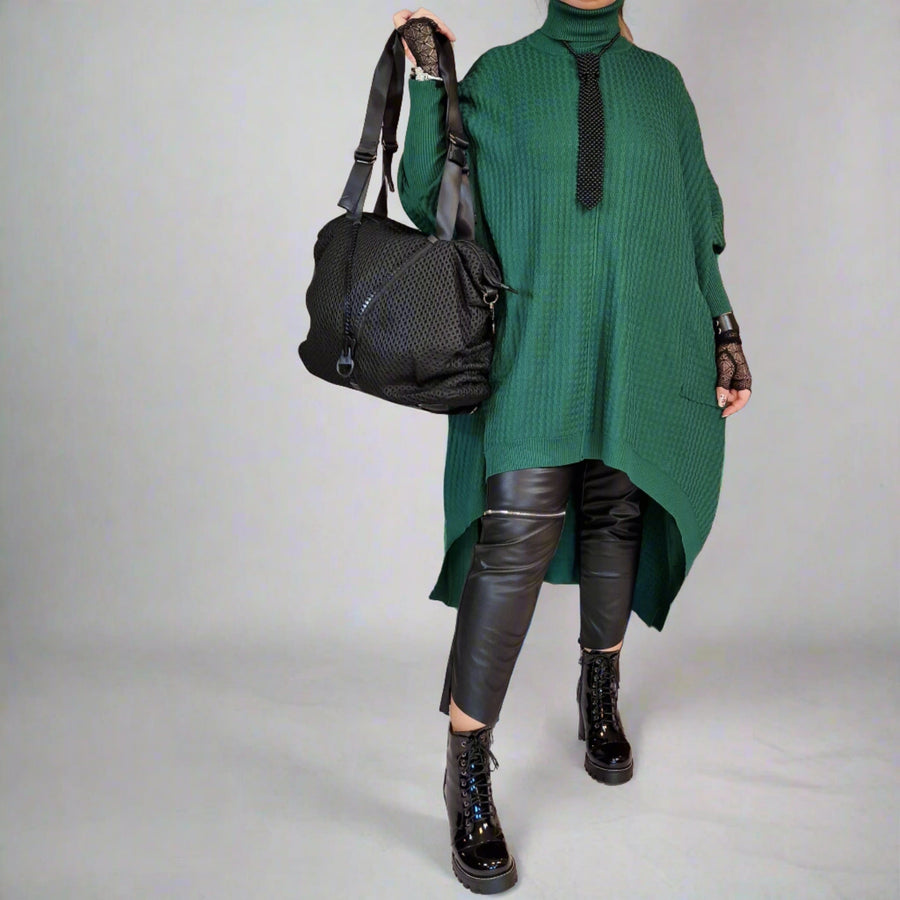 Asymmetrical Knitted Pullover Green Dress with Turtleneck-SimpleModerne