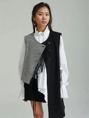 Asymmetrical Patchwork Vest with Fringe Decoration – Edgy Office Style-SimpleModerne