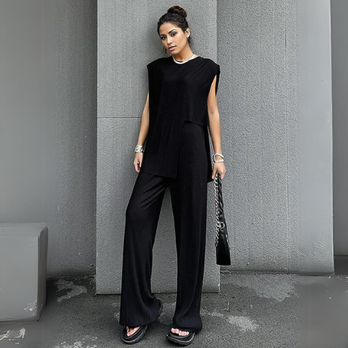 Black Pleated Two-Piece Set: Asymmetrical Top and Wide-Leg Pants-SimpleModerne