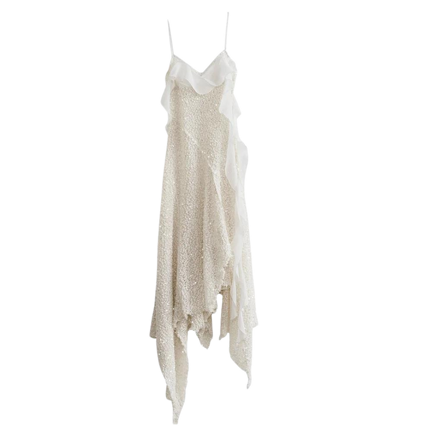 Beige Long Spaghetti Strap Dress - Burr Perspective Sequins with Irregular Hem-SimpleModerne