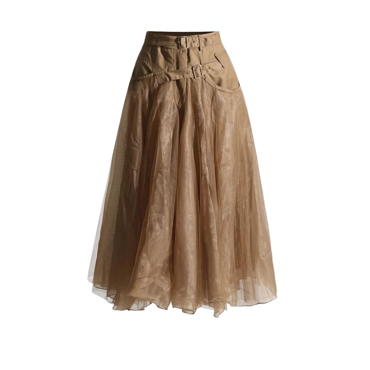 Caramel Chic Tulle Skirt with Buckle Lace Up-SimpleModerne