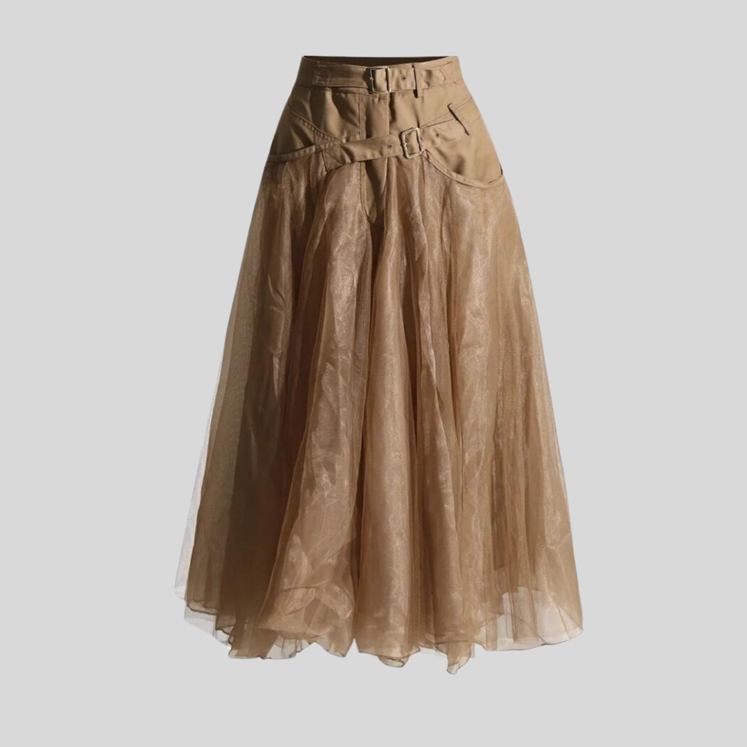 Caramel Chic Tulle Skirt with Buckle Lace Up-SimpleModerne