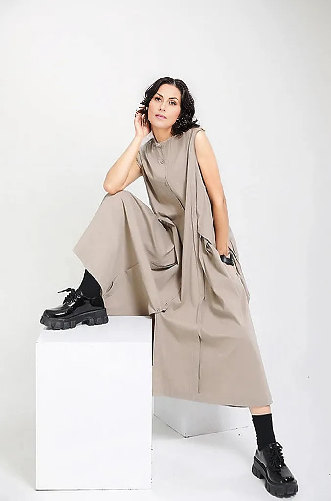 Cargo Style Sleeveless Khaki Dress-SimpleModerne