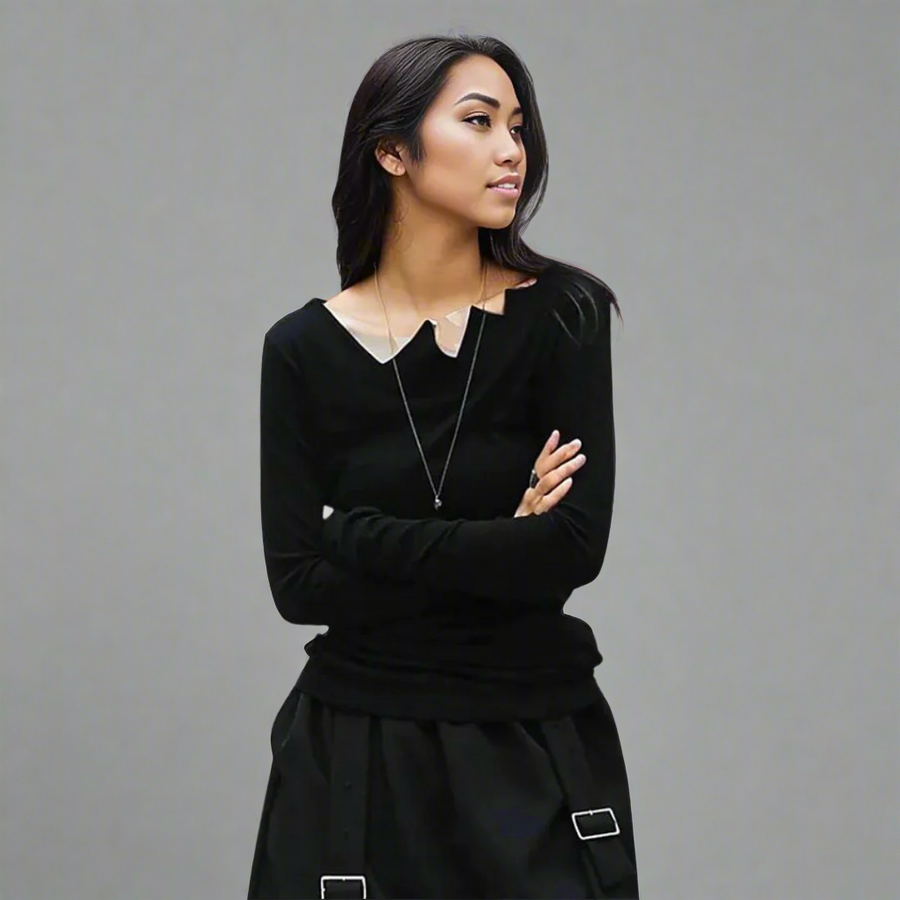 Casual Minimal Goth Basic Shirt with Asymmetrical Cut Neckline-SimpleModerne