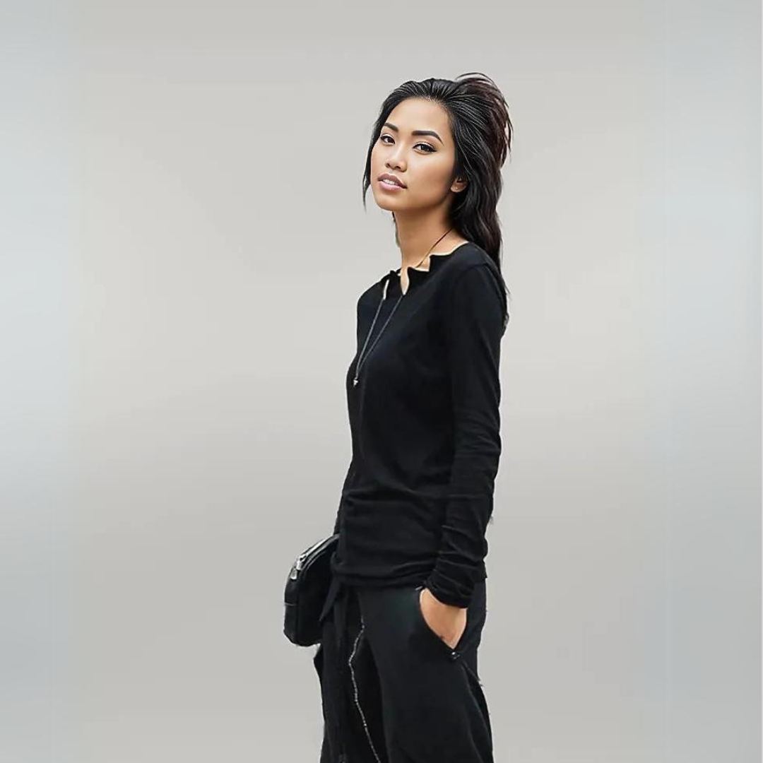 Casual Minimal Goth Basic Shirt with Asymmetrical Cut Neckline-SimpleModerne