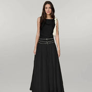 Casual Minimal Goth Belted Black Maxi Dress-SimpleModerne