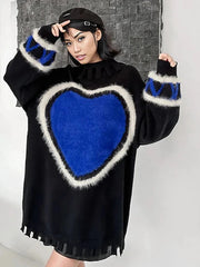 Casual Minimal Goth Blue Heart Knitted Pullover-SimpleModerne