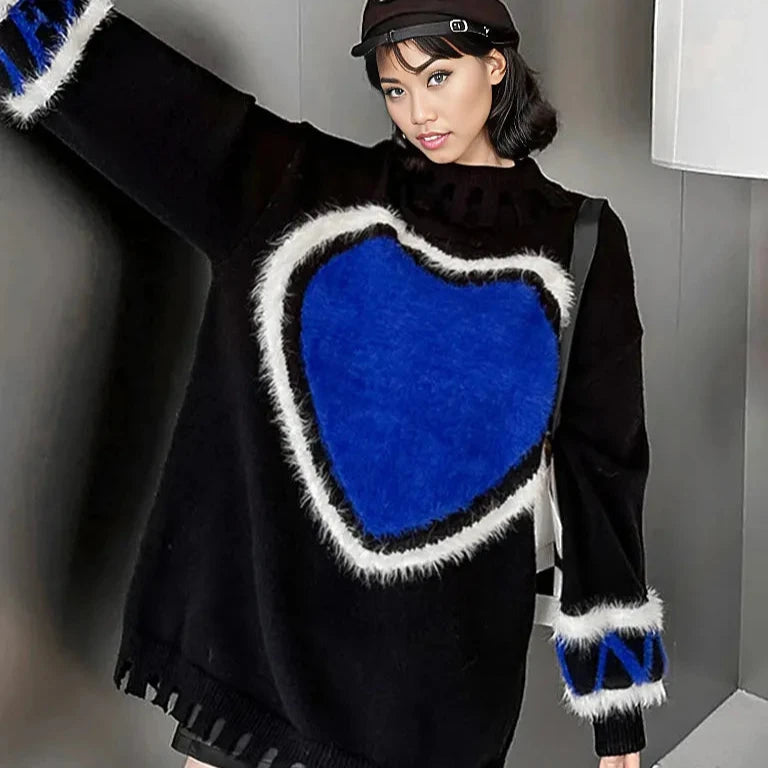 Casual Minimal Goth Blue Heart Knitted Pullover-SimpleModerne