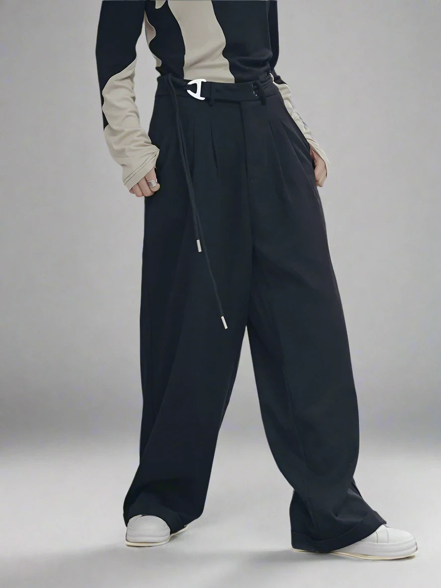 Casual Minimal Goth Irregular Design Belted Trousers-SimpleModerne