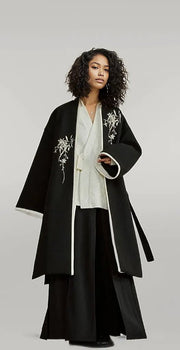 Casual Minimal Goth Kimono Style Coat with Japanese Embroidery-SimpleModerne