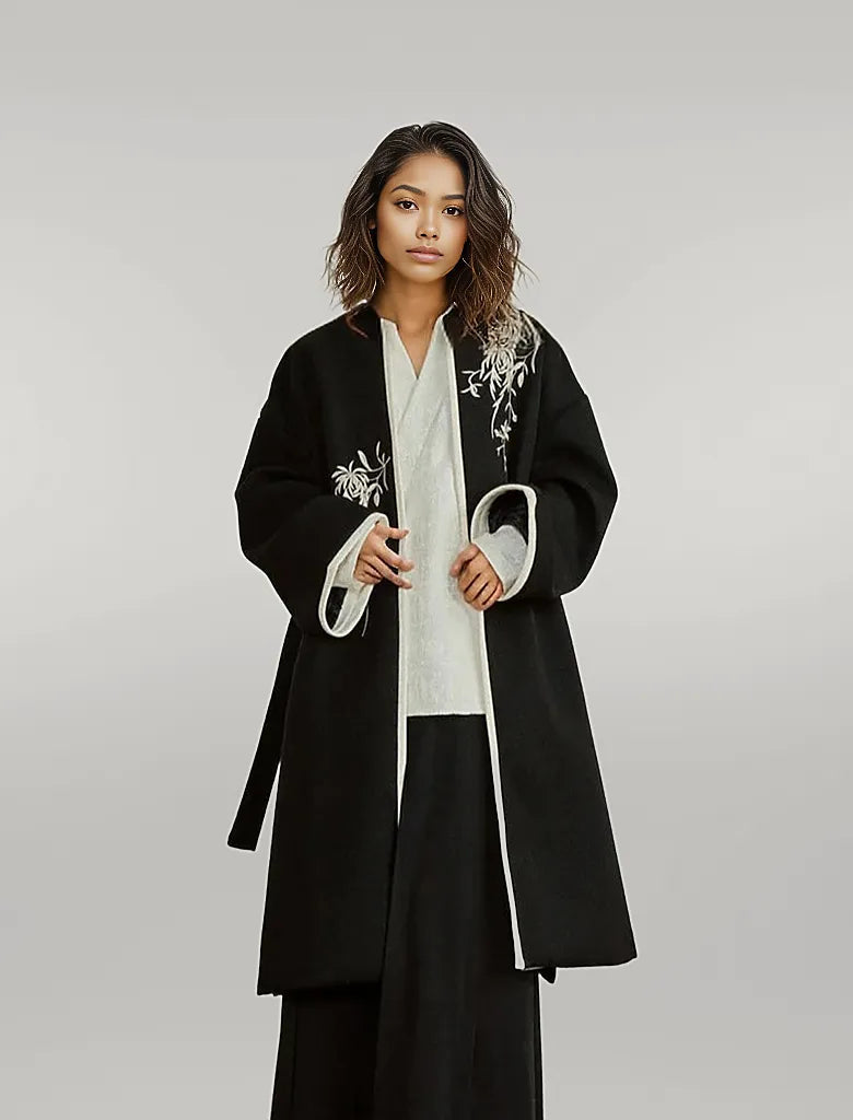 Casual Minimal Goth Kimono Style Coat with Japanese Embroidery-SimpleModerne