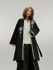 Casual Minimal Goth Kimono Style Coat with Japanese Embroidery-SimpleModerne