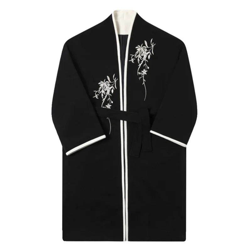 Casual Minimal Goth Kimono Style Coat with Japanese Embroidery-SimpleModerne