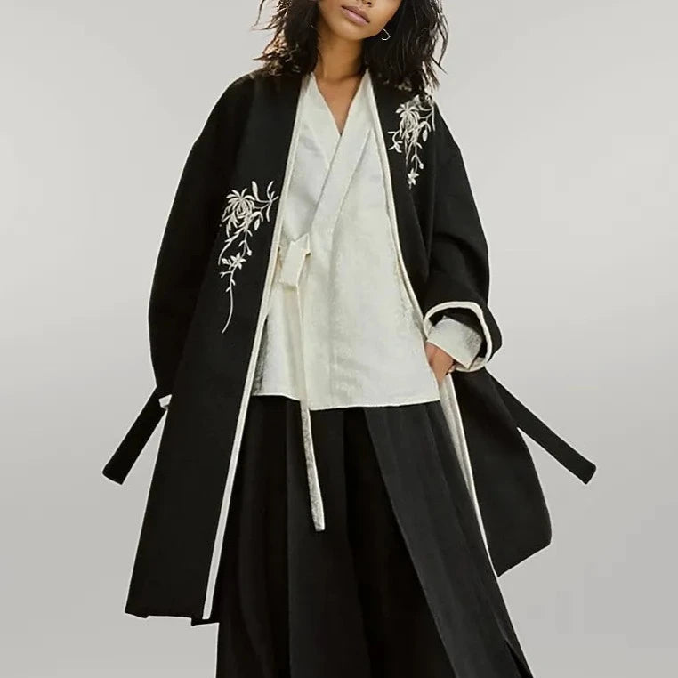 Casual Minimal Goth Kimono Style Coat with Japanese Embroidery-SimpleModerne