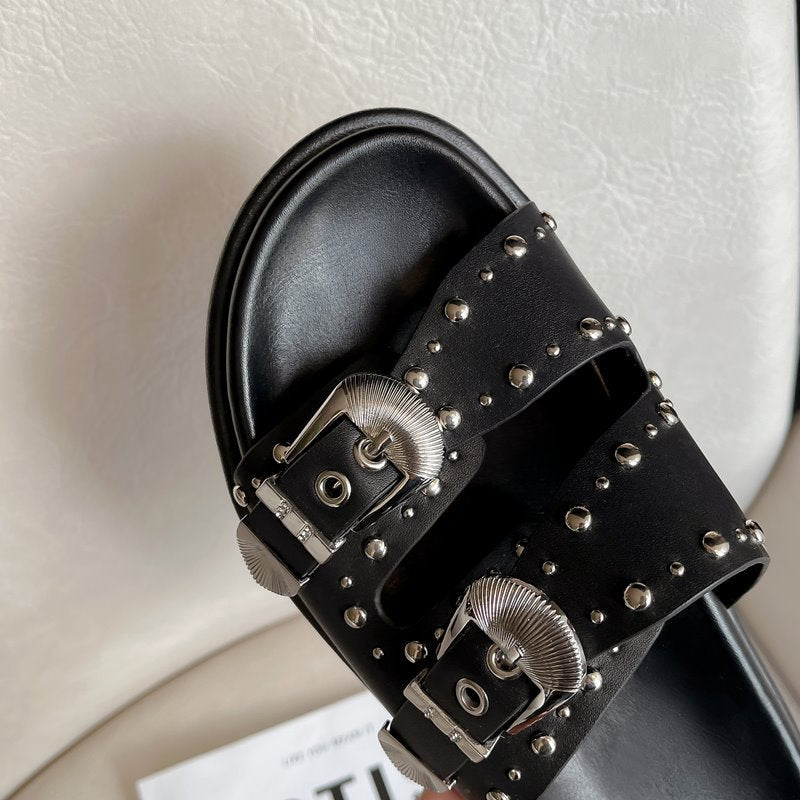 Casual Minimal Goth Leather & Rivet Sandals-SimpleModerne