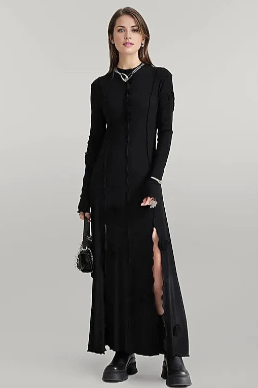 Casual Minimal Goth Maxi Dress with Splits-SimpleModerne