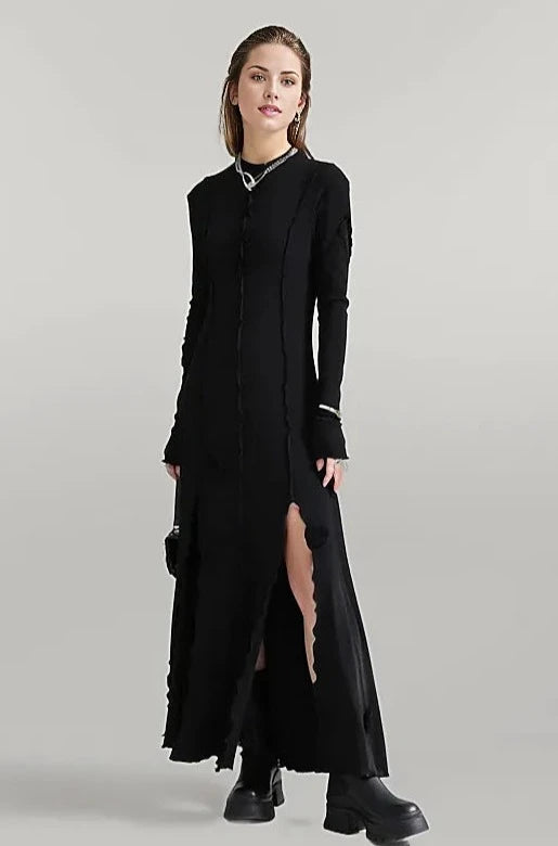 Casual Minimal Goth Maxi Dress with Splits-SimpleModerne