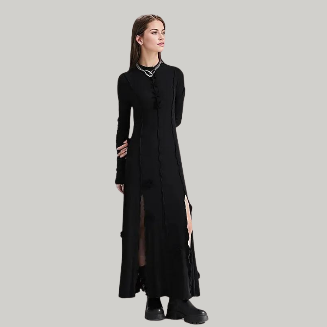 Casual Minimal Goth Maxi Dress with Splits-SimpleModerne