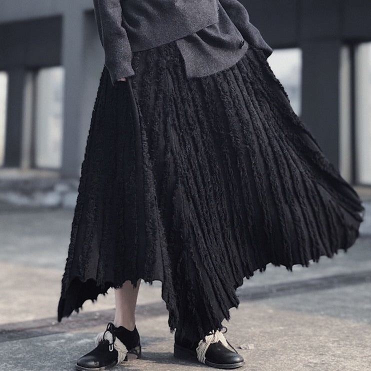 Casual Minimal Goth Pleated Design Maxi Skirt-SimpleModerne