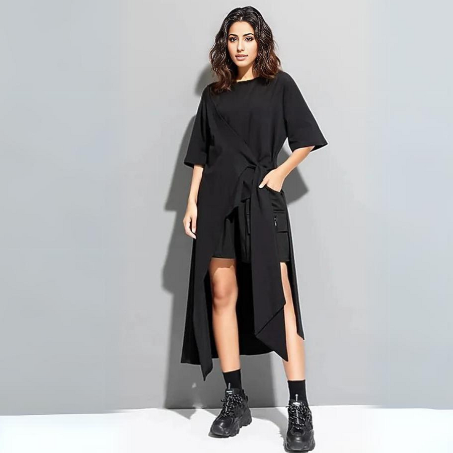 Casual Punk Irregular Design Maxi Black Shirt-SimpleModerne