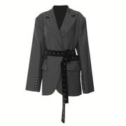 Chic Belted Blazer with Button Details - Structured Fit, Long Sleeves-SimpleModerne