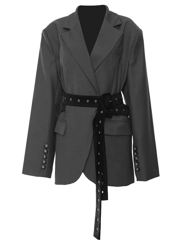 Chic Belted Blazer with Button Details - Structured Fit, Long Sleeves-SimpleModerne