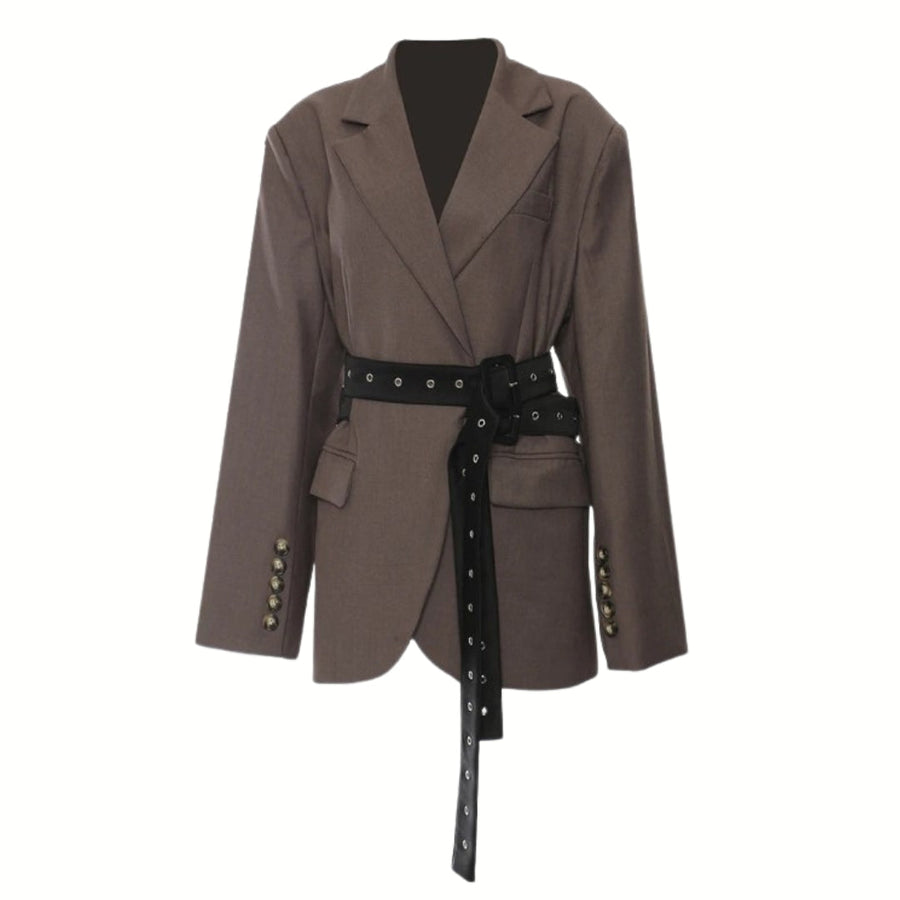 Chic Belted Blazer with Button Details - Structured Fit, Long Sleeves-SimpleModerne