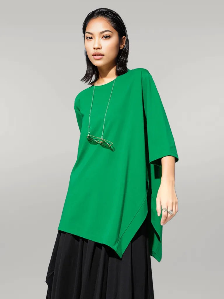 Chic Green Punky Shirt with Asymmetrical Hem and Three-Quarter Sleeves-SimpleModerne