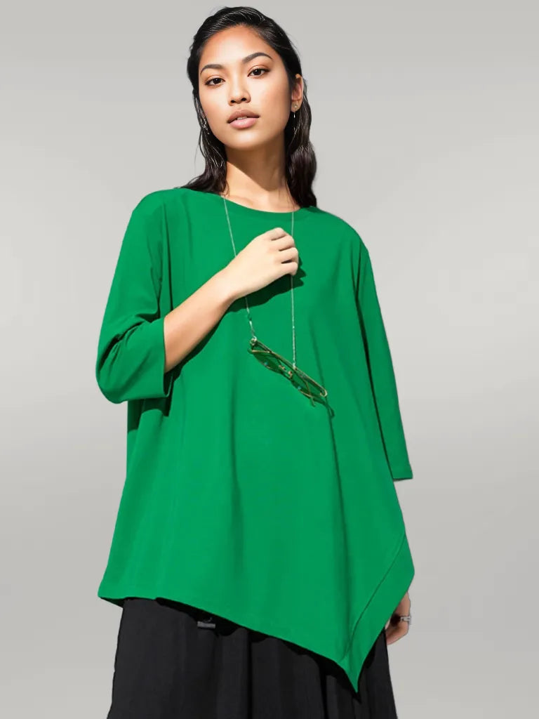 Chic Green Punky Shirt with Asymmetrical Hem and Three-Quarter Sleeves-SimpleModerne