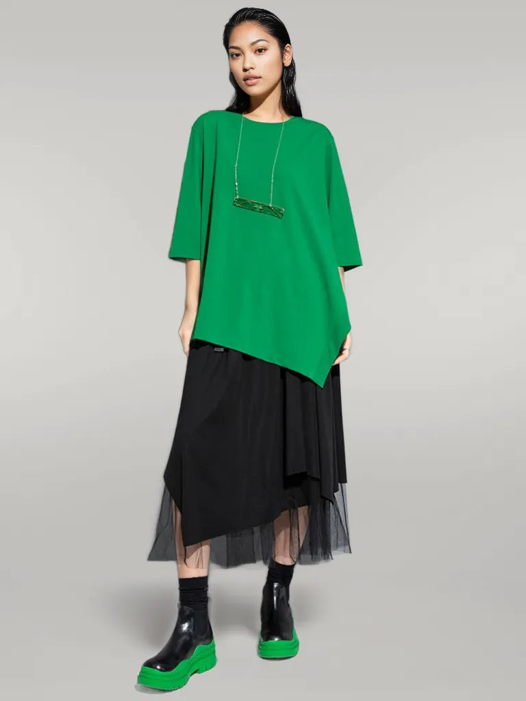 Chic Green Punky Shirt with Asymmetrical Hem and Three-Quarter Sleeves-SimpleModerne