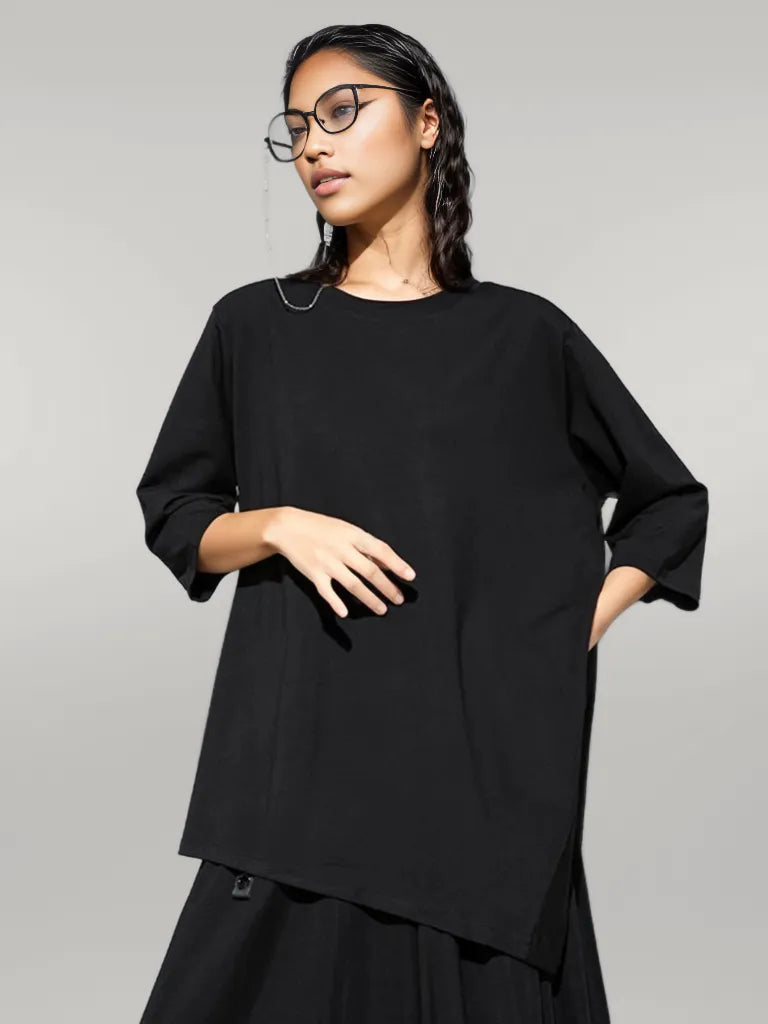 Chic Green Punky Shirt with Asymmetrical Hem and Three-Quarter Sleeves-SimpleModerne