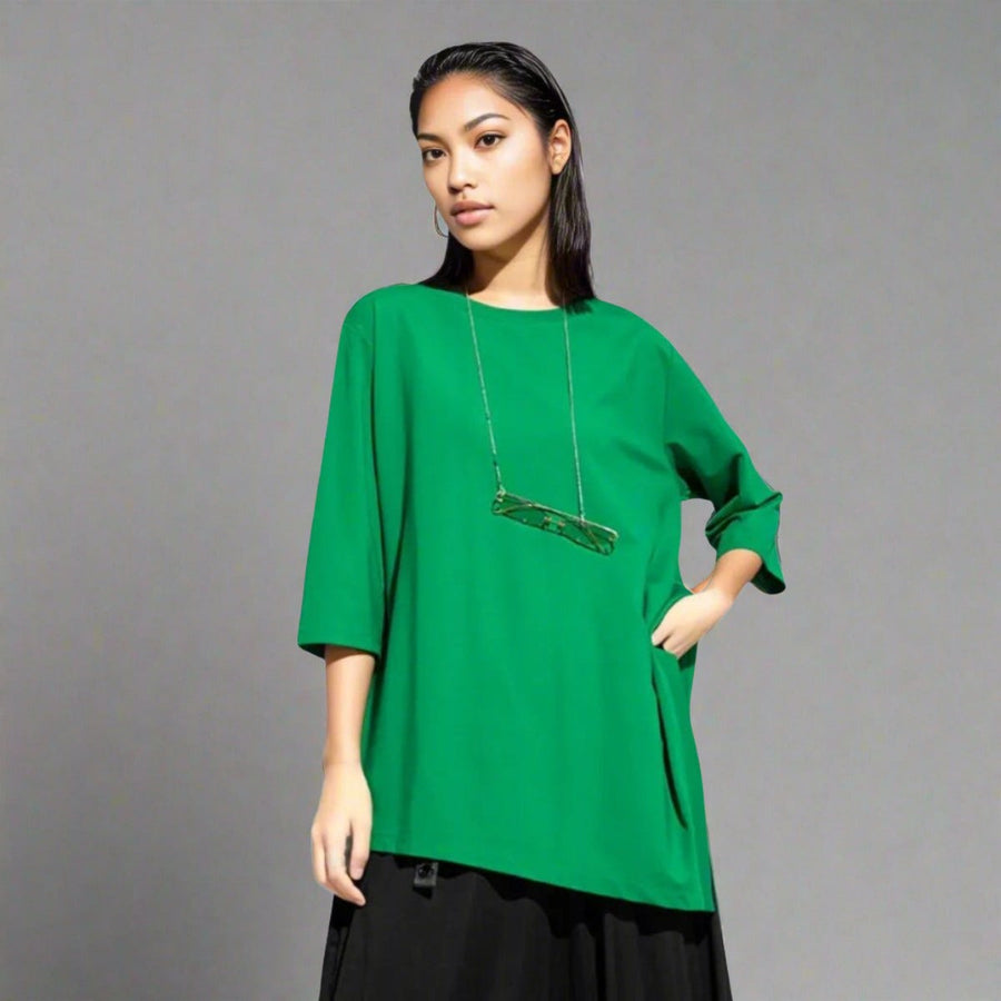 Chic Green Punky Shirt with Asymmetrical Hem and Three-Quarter Sleeves-SimpleModerne