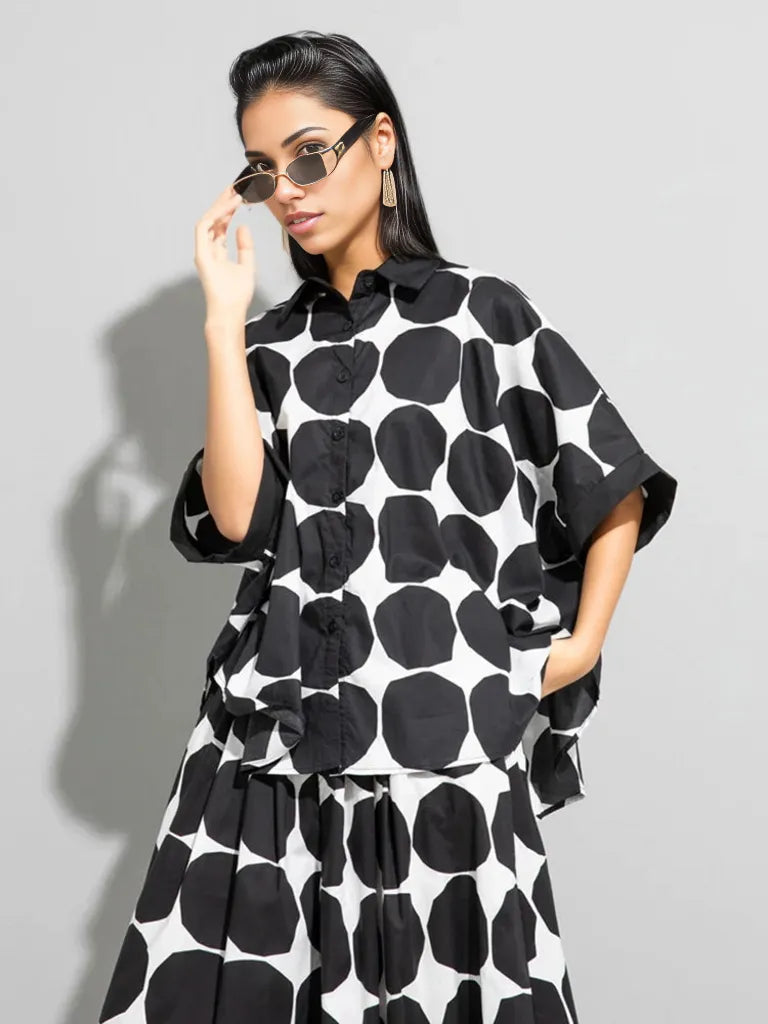 Chic Polka Dot Maxi Shirt-Blouse - Oversized Comfort & Style-SimpleModerne