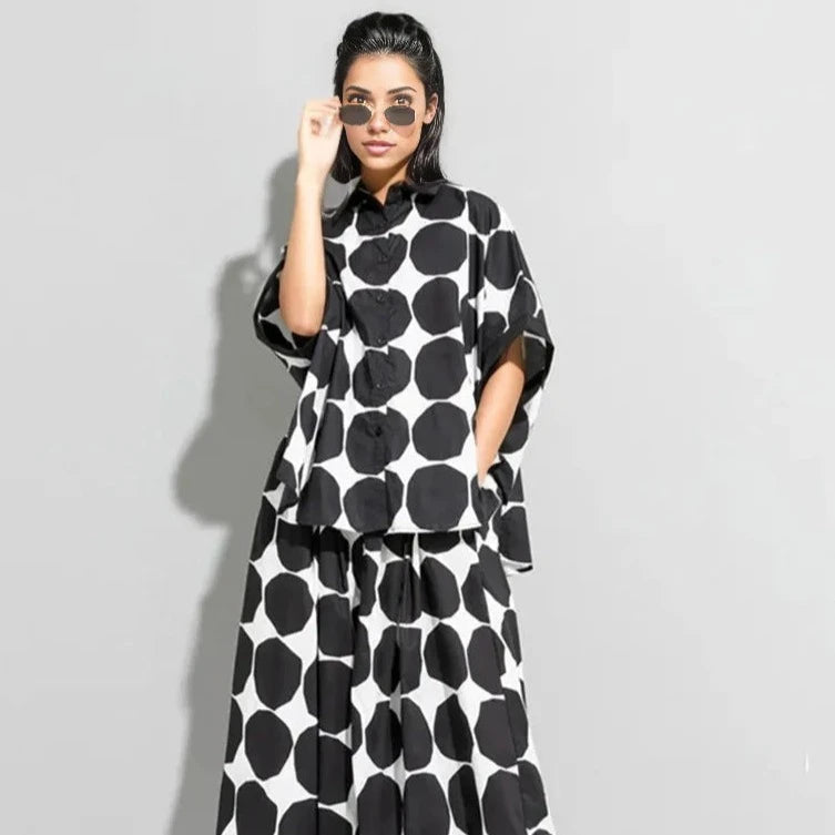 Chic Polka Dot Maxi Shirt-Blouse - Oversized Comfort & Style-SimpleModerne