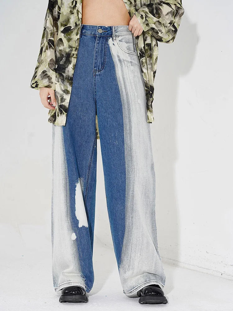 Contrasting Two-Pattern Wide-Legged Denims-SimpleModerne