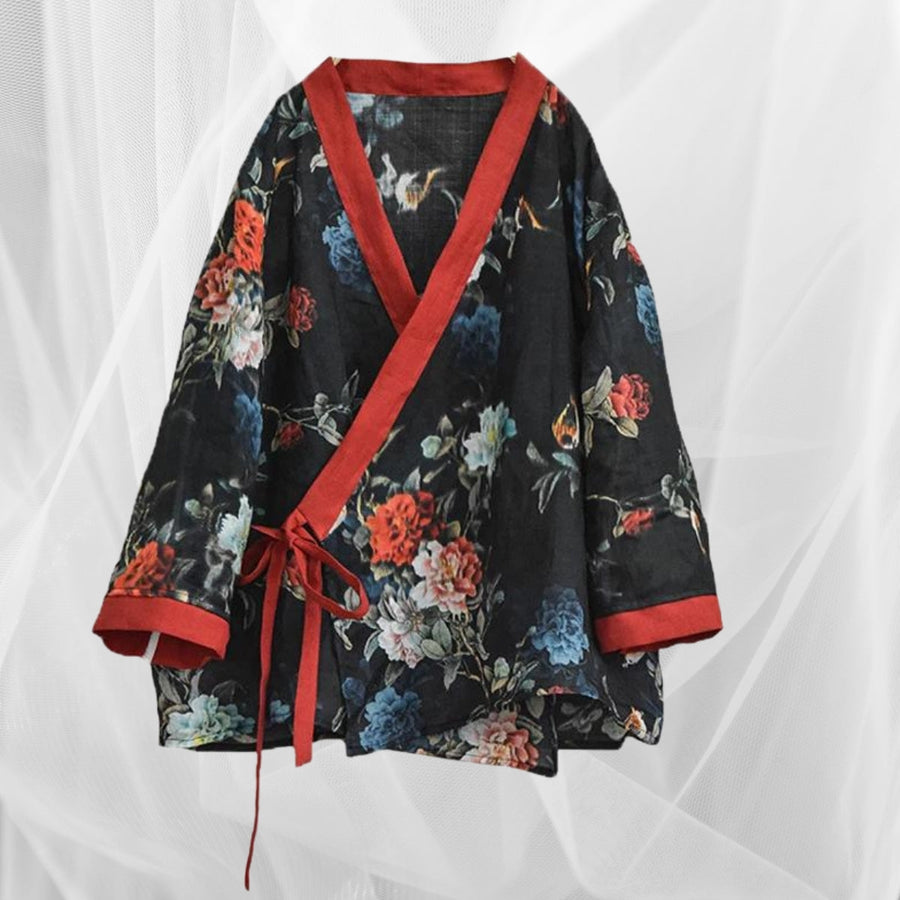 Cotton & Linen Kimono with Vintage Print-SimpleModerne